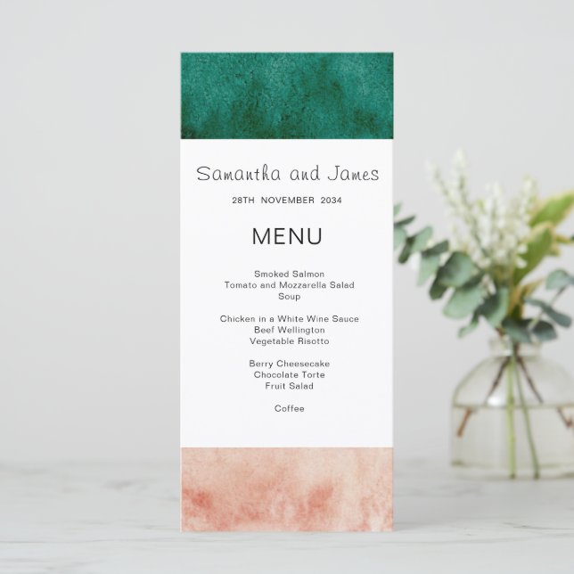 Watercolor Green Blush Pink Formal Modern Wedding  Menu (Standing Front)