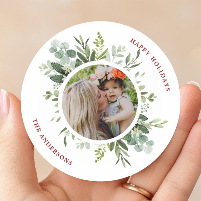 Watercolor Green Botanical Frame Photo Christmas Classic Round Sticker (Creator Uploaded)