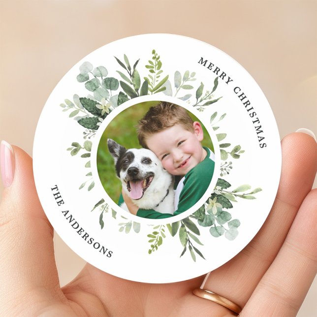 Watercolor Green Botanical Frame Photo Christmas Classic Round Sticker (Creator Uploaded)