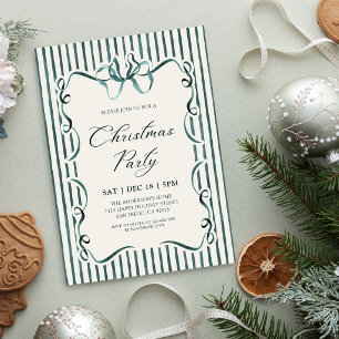 Watercolor Green Bow & Stripes Christmas Party Invitation