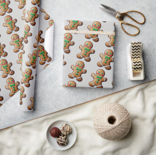 Watercolor Green & Brown Gingerbread Man Pattern Wrapping Paper