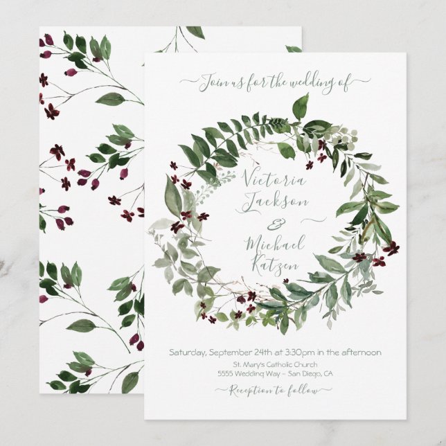 Watercolor Green Burgundy Floral Wedding Wreath Invitation (Front/Back)