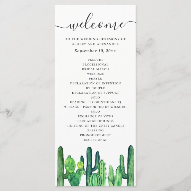 Watercolor green cactus and succulents wedding programme (Front)