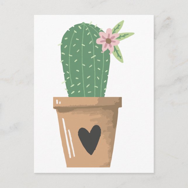 Watercolor Green Cactus Flower Love Heart Postcard (Front)