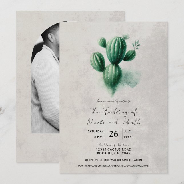 Watercolor Green Cactus Grey Southwest Wedding Invitation (Front/Back)