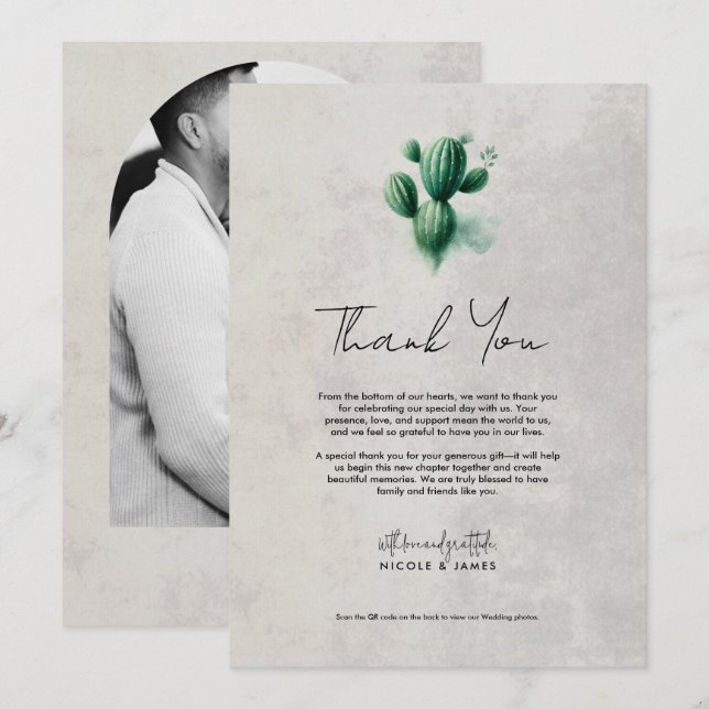 Watercolor Green Cactus Grey Wedding Thank You Invitation (Front/Back)