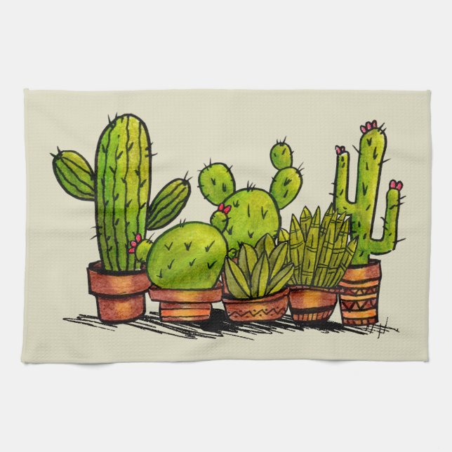 Watercolor Green Cactus Plants  Tea Towel (Horizontal)