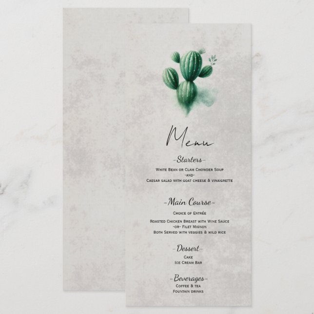 Watercolor Green Cactus Southwest Wedding Menu (Front/Back)