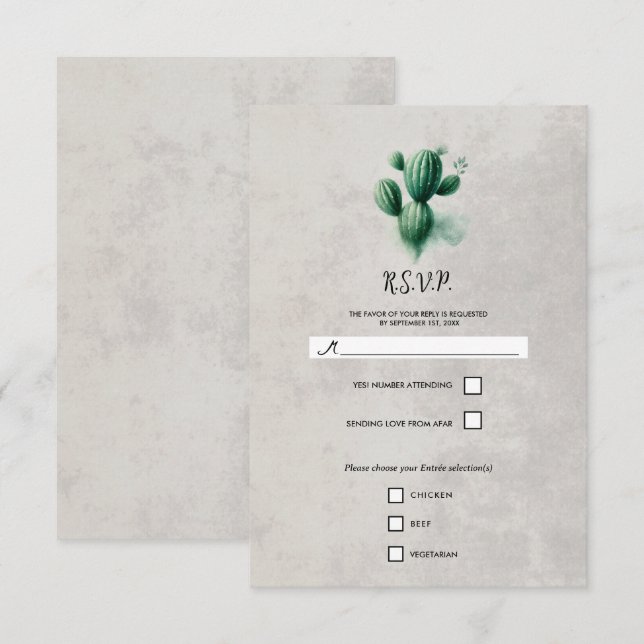 Watercolor Green Cactus Stone Grey Wedding RSVP (Front/Back)