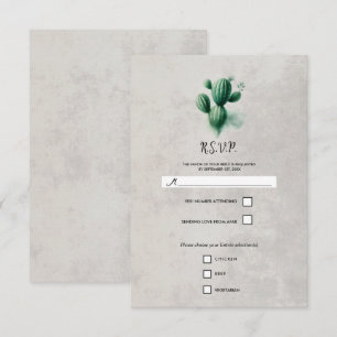 Watercolor Green Cactus Stone Grey Wedding RSVP Card