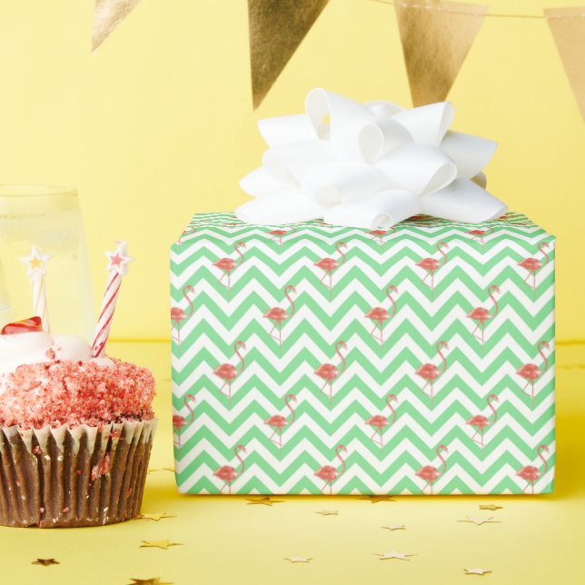 Watercolor Green Chevron Pink Flamingos Wrapping Paper (Birthday Party)