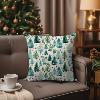 Watercolor Green Christmas Tree Winter Forest Cushion