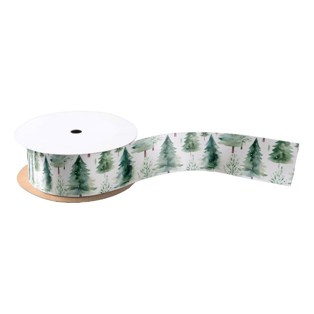 Watercolor Green Christmas Trees Pattern Holiday  Satin Ribbon (Spool)