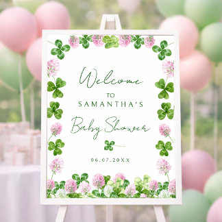 Watercolor Green Clovers Baby Shower Welcome Sign