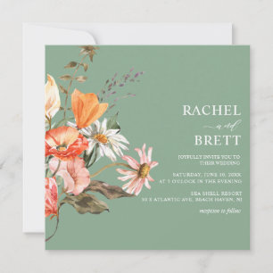 Watercolor Green Coral Pink Floral Wedding  Invitation