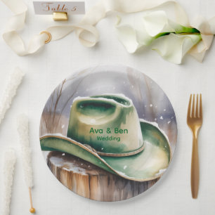 Watercolor Green Cowboy Hat in Snow Wedding Paper Plate