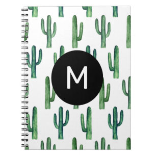 Watercolor green cute cactus pattern. Monogram Notebook