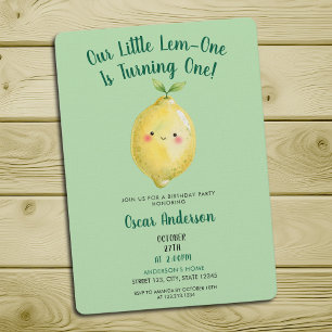 Watercolor Green Cute Lemon First Birthday Invitation