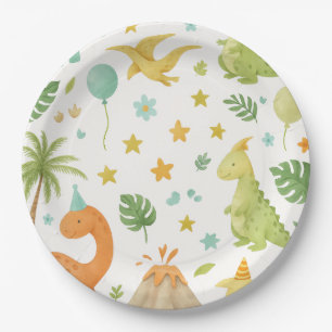 Watercolor Green Dinosaur Birthday Paper Plate