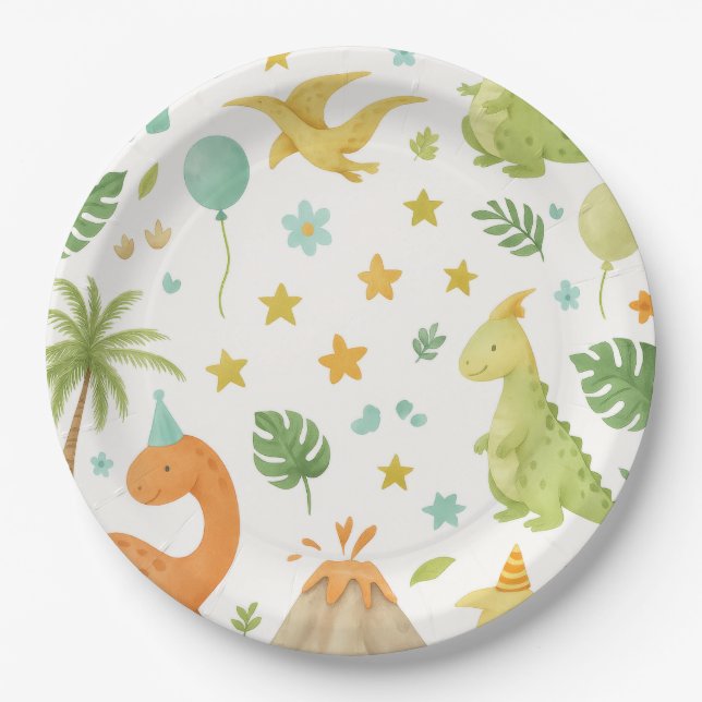 Watercolor Green Dinosaur Birthday Paper Plate (Front)