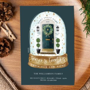Watercolor Green Door Snow Globe New Home Photo Holiday Card
