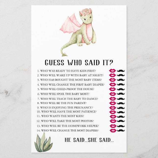 Watercolor Green Dragon Guess Who Said Baby Game (Front)