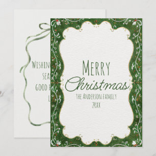 Watercolor Green Drawn Floral Frame Fun Christmas Holiday Card