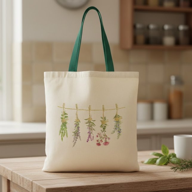 Watercolor Green Dried Lavendar Sage Thyme Herbs Tote Bag (Creator Uploaded)