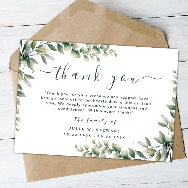 Watercolor Green Eucalyptus Funeral Thank You Note Card (Creator Uploaded)