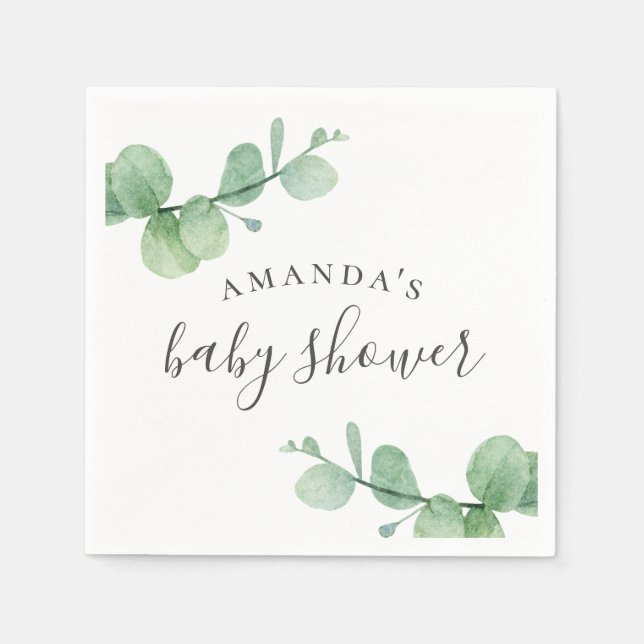 Watercolor green eucalyptus. Greenery baby shower Napkin (Front)