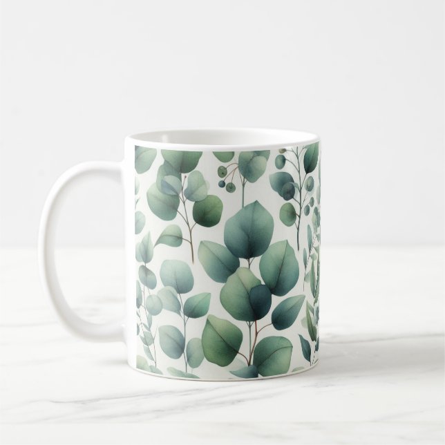 Watercolor Green Eucalyptus Leaves Coffee Mug (Left)