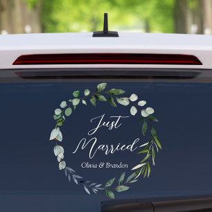 Watercolor Green Eucalyptus Leaves Just Married Window Cling