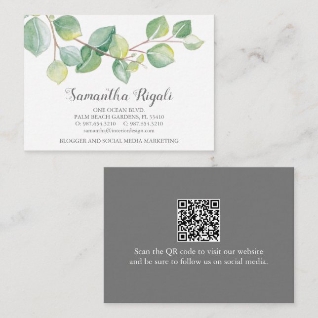 Watercolor Green Eucalyptus QR code Business Card (Front/Back)