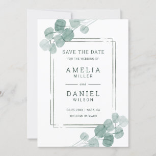 Watercolor Green Eucalyptus Wedding Save The Date