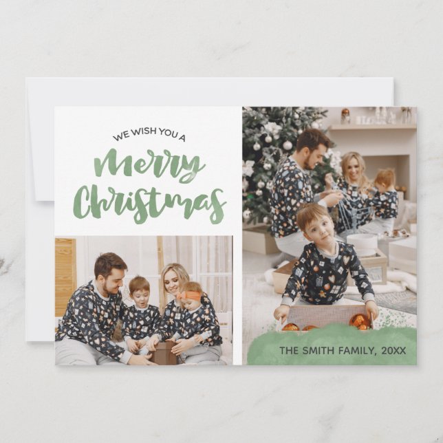 Watercolor Green Family Photo Merry Christmas Holiday Card (Front)