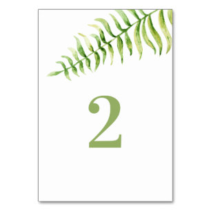Watercolor green fern. Greenery botanical wedding Table Number