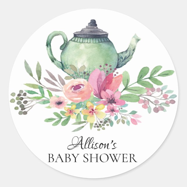 Watercolor Green Floral Baby Tea Party Sticker (Front)