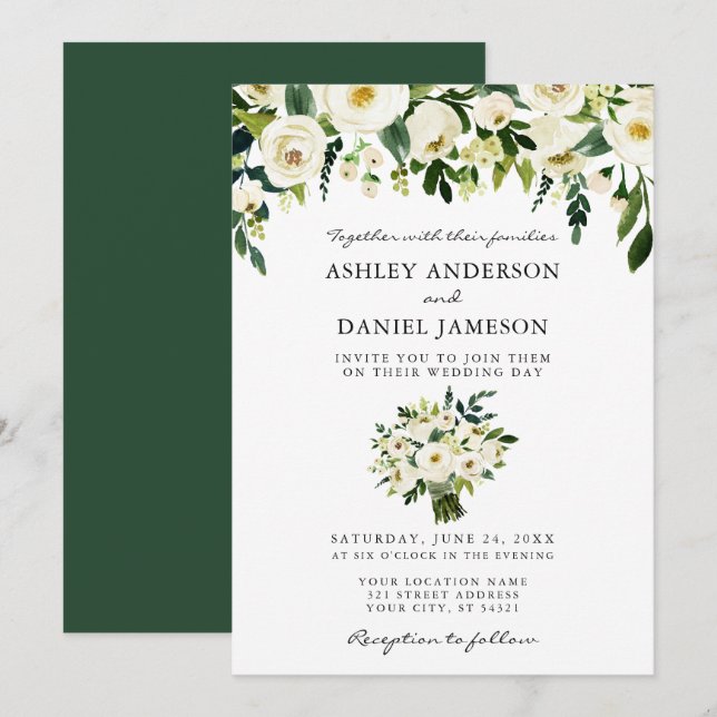 Watercolor Green Floral Bouquet Elegant Wedding Invitation (Front/Back)