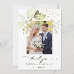 Watercolor Green Floral Elegant Photo Wedding Thank You Card