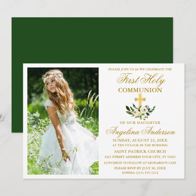 Watercolor Green Floral First Holy Communion Invitation (Front/Back)