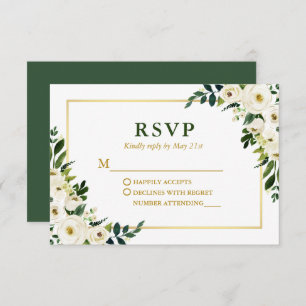 Watercolor Green Floral Gold Frame Wedding RSVP Card