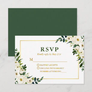 Watercolor Green Floral Gold Frame Wedding RSVP Card
