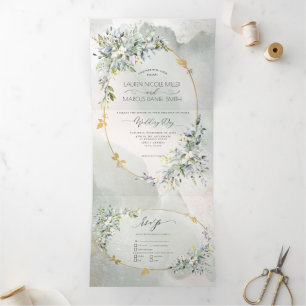 Watercolor Green Floral Gold Oval Frame Tri-Fold Invitation