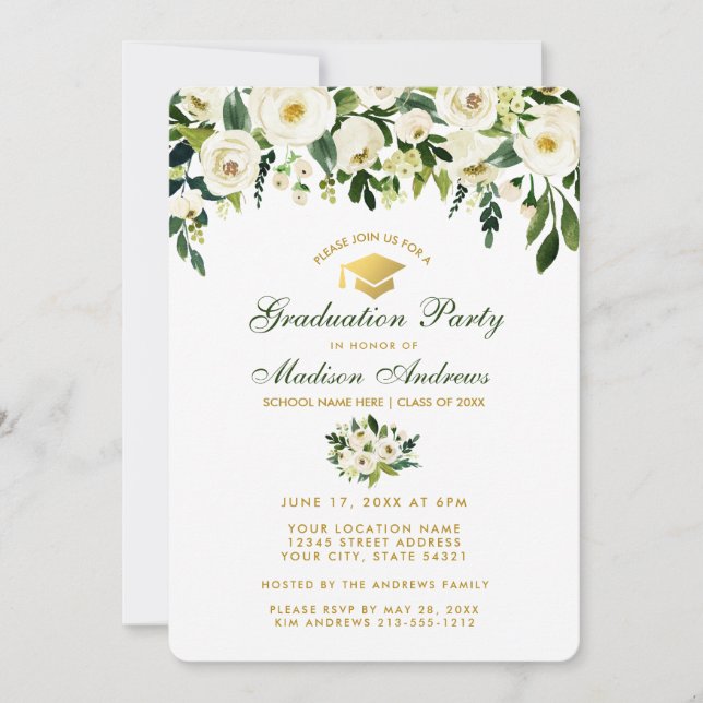 Watercolor Green Floral Graduation Party Invite GS (Front)