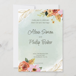 Watercolor green Floral Wedding Invitation