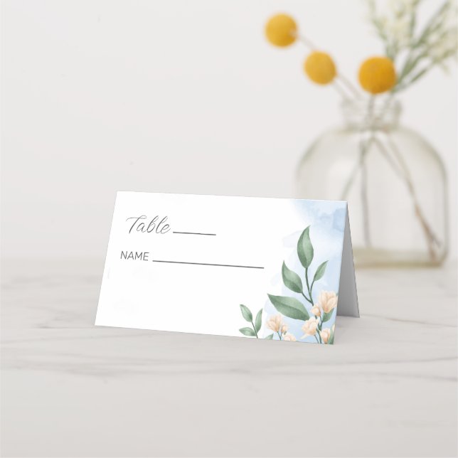 Watercolor Green Foliage and Beige Flowers  Place Card (Front)