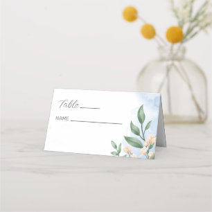 Watercolor Green Foliage and Beige Flowers Place Card
