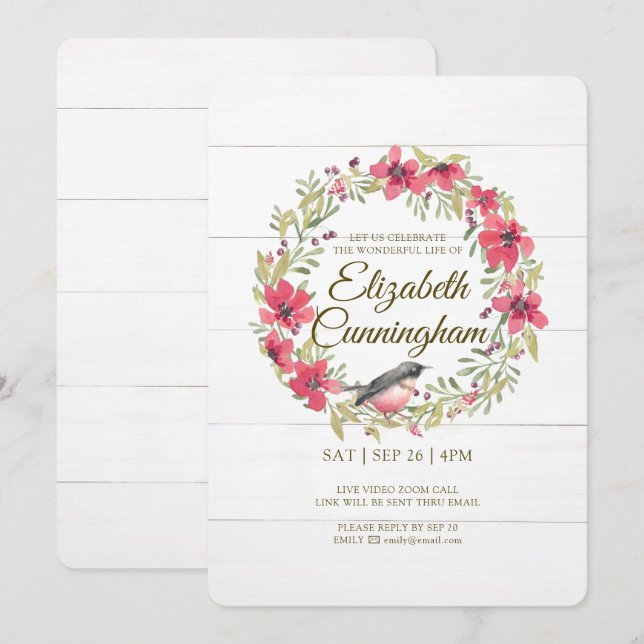 Watercolor Green Foliage Bird Virtual Memorial Invitation (Front/Back)