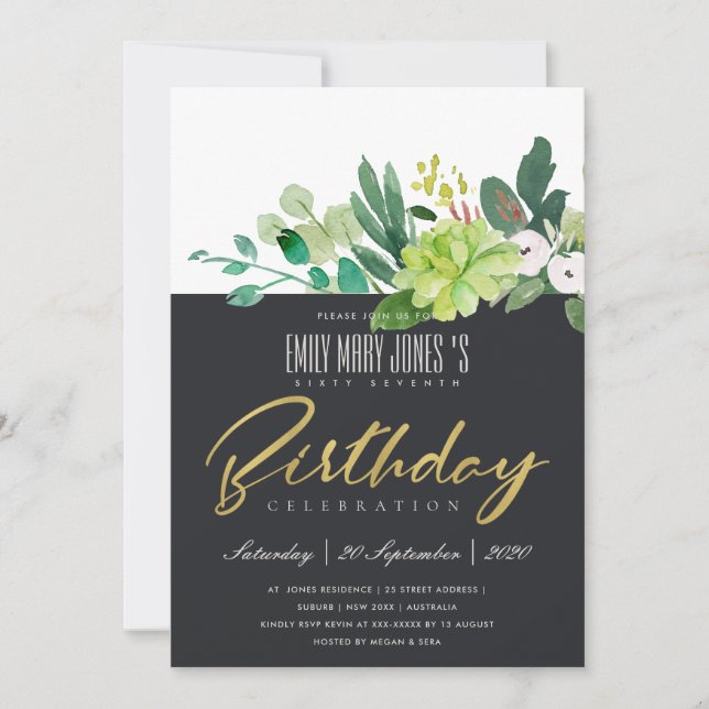 WATERCOLOR GREEN FOLIAGE BLACK ANY AGE BIRTHDAY INVITATION (Front)