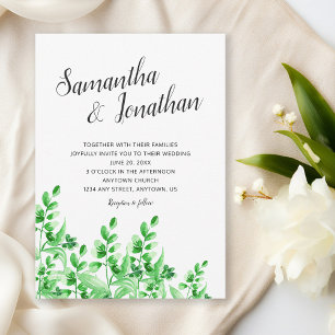 Watercolor Green Foliage   Calligraphy Wedding Invitation